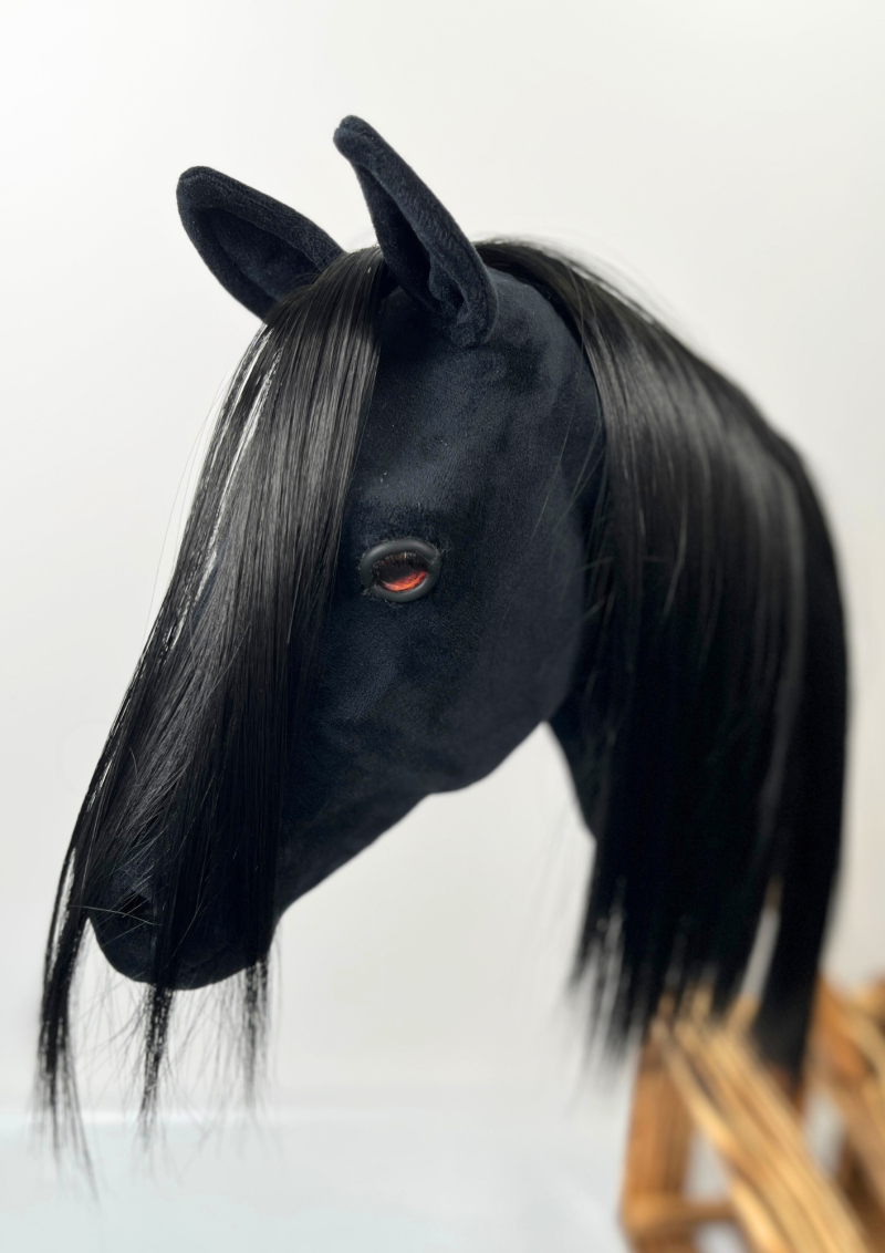 REALISTIC HOBBY HORSE – BLACK/BLACK MANE/PATCH ABOVE EYE