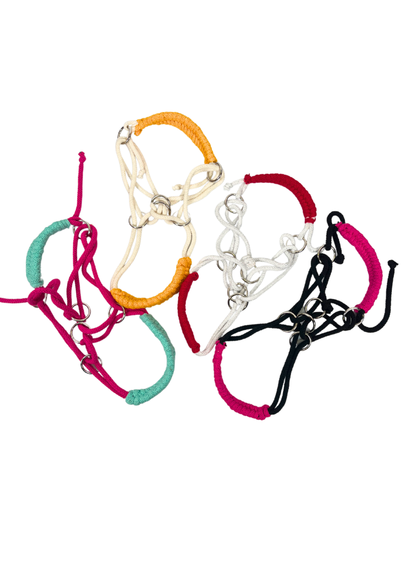 A braided halter for realistic hobby horses.