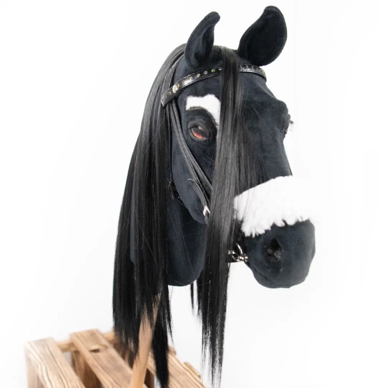REALISTIC HOBBY HORSE – BLACK/BLACK MANE/PATCH ABOVE EYE
