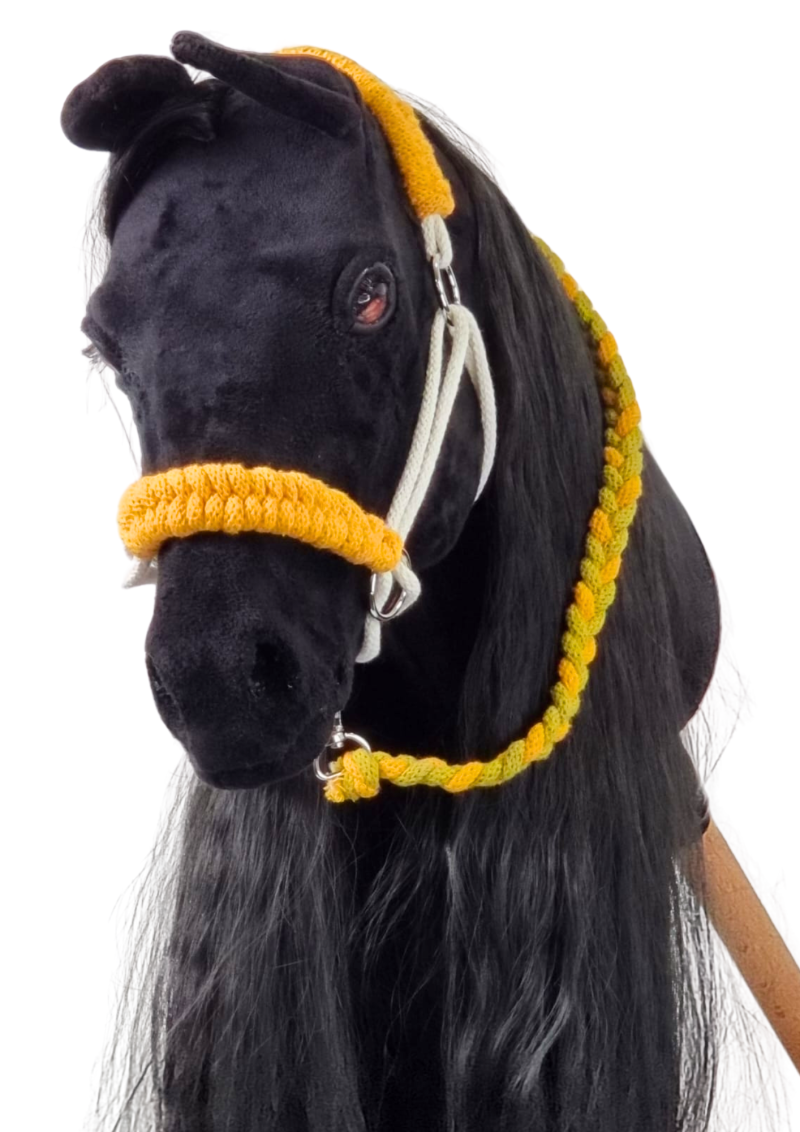 A braided halter for realistic hobby horses.