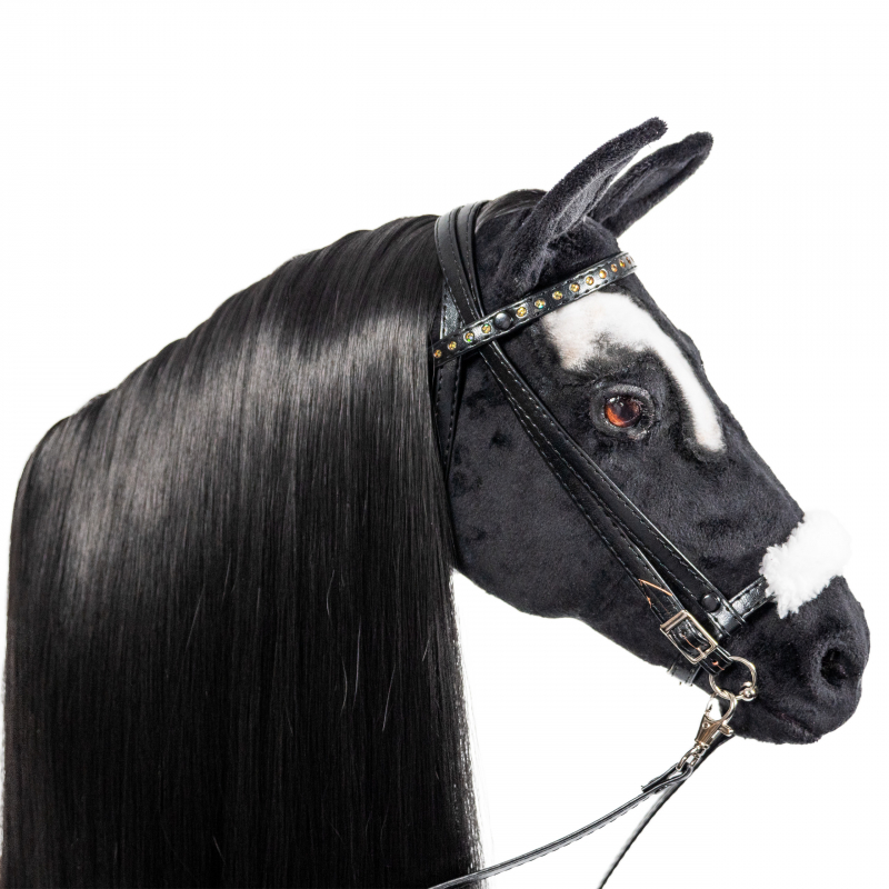 REALISTIC HOBBY HORSE – BLACK/BLACK MANE/PATCH ABOVE EYE