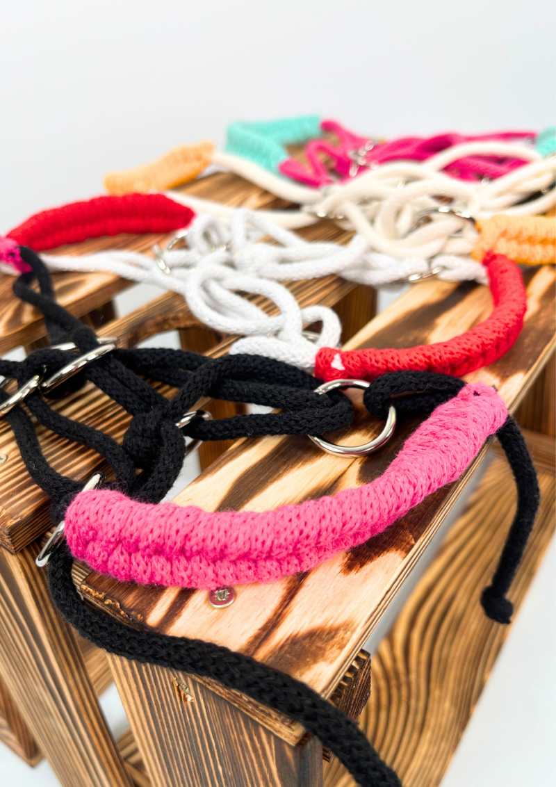 A braided halter for realistic hobby horses.