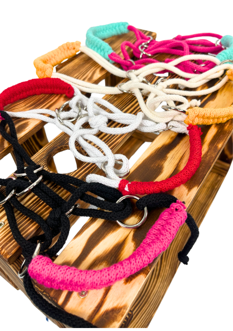 A braided halter for realistic hobby horses.