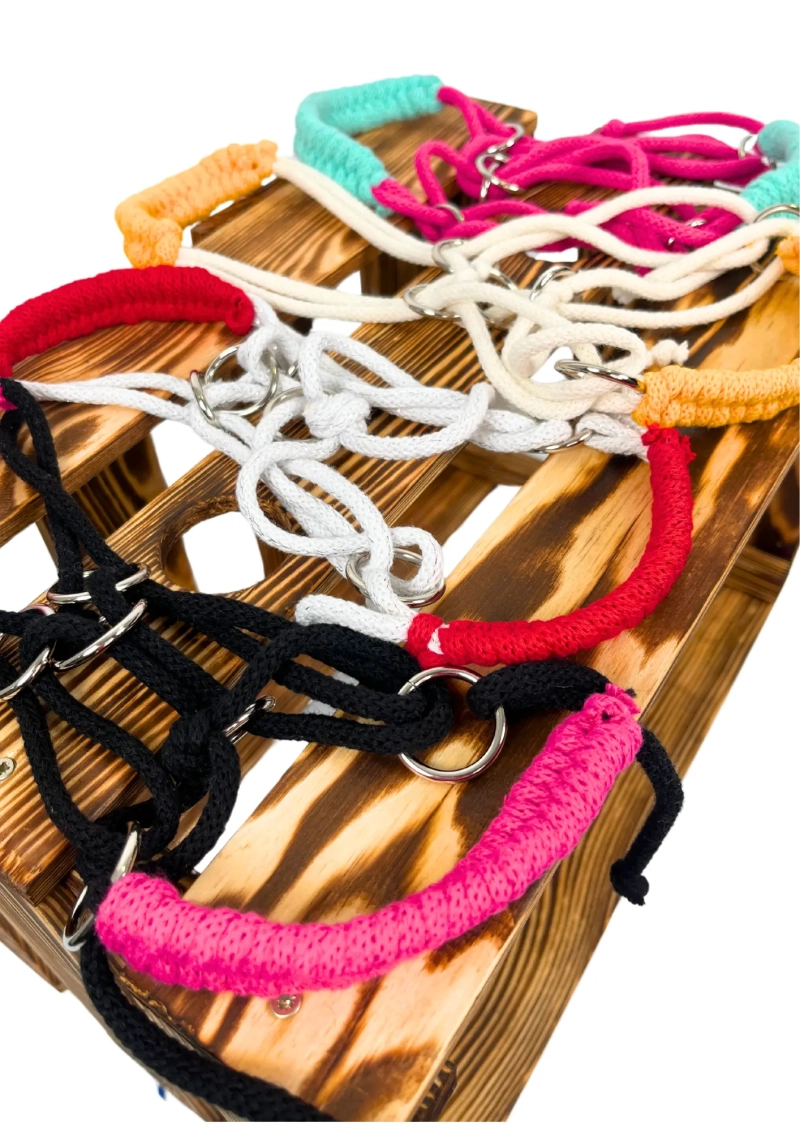 A braided halter for realistic hobby horses.
