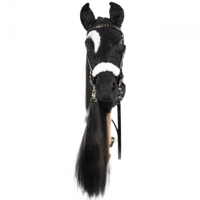 REALISTIC HOBBY HORSE – BLACK/BLACK MANE/PATCH ABOVE EYE