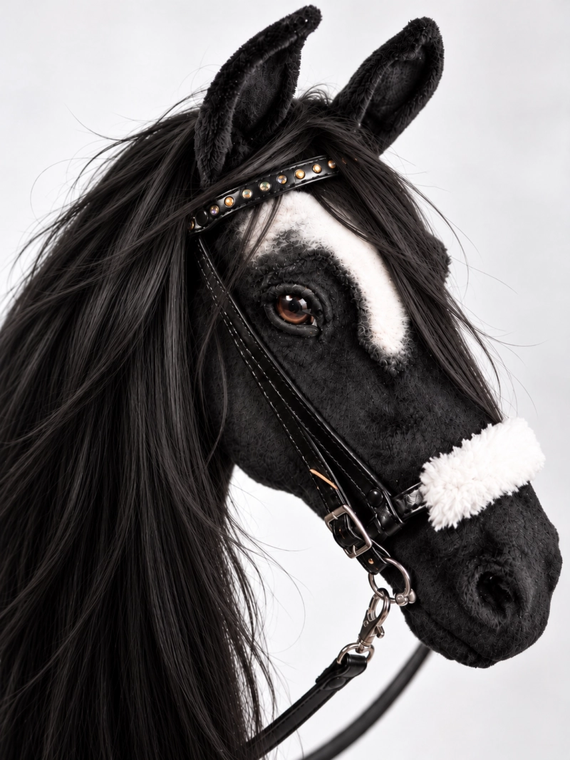REALISTIC HOBBY HORSE – BLACK/BLACK MANE/PATCH ABOVE EYE