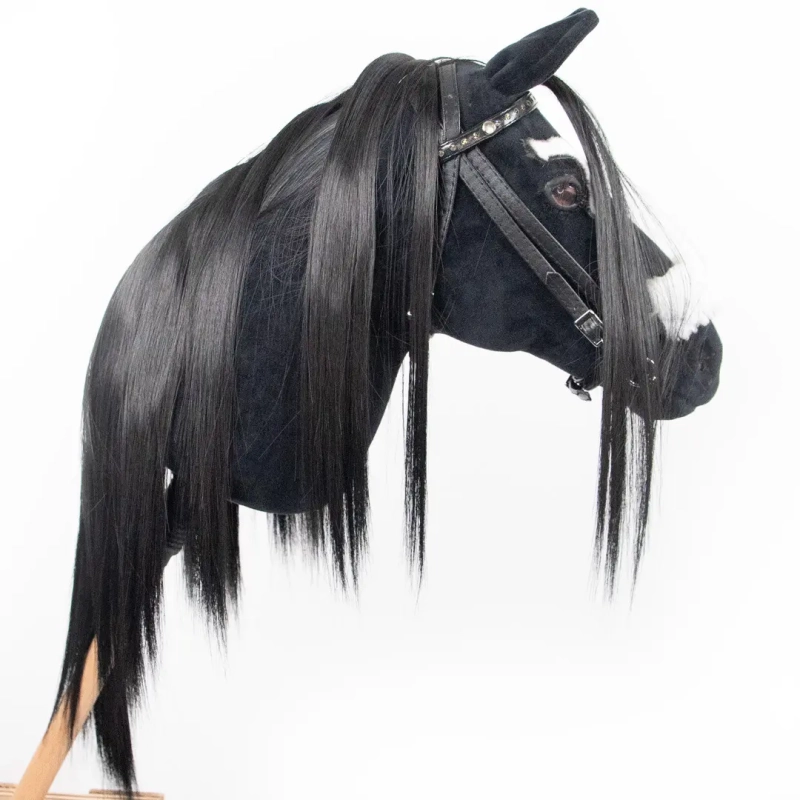 REALISTIC HOBBY HORSE – BLACK/BLACK MANE/PATCH ABOVE EYE