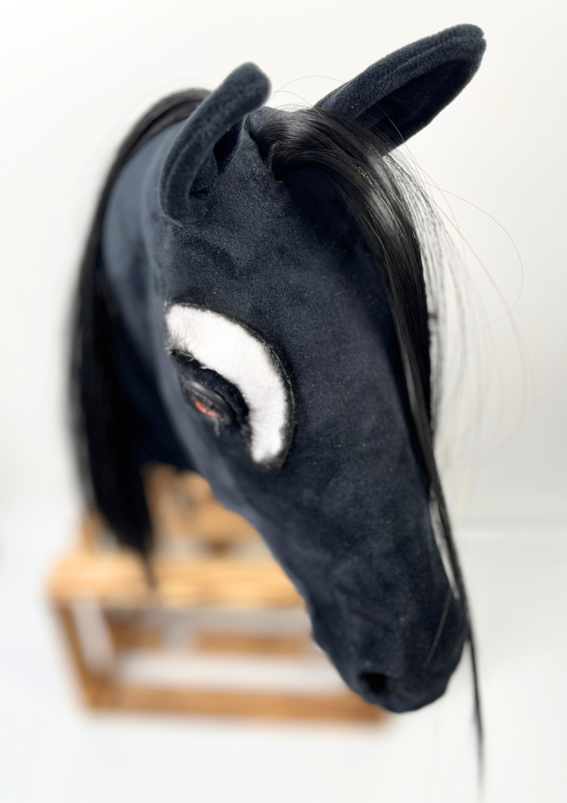 REALISTIC HOBBY HORSE – BLACK/BLACK MANE/PATCH ABOVE EYE