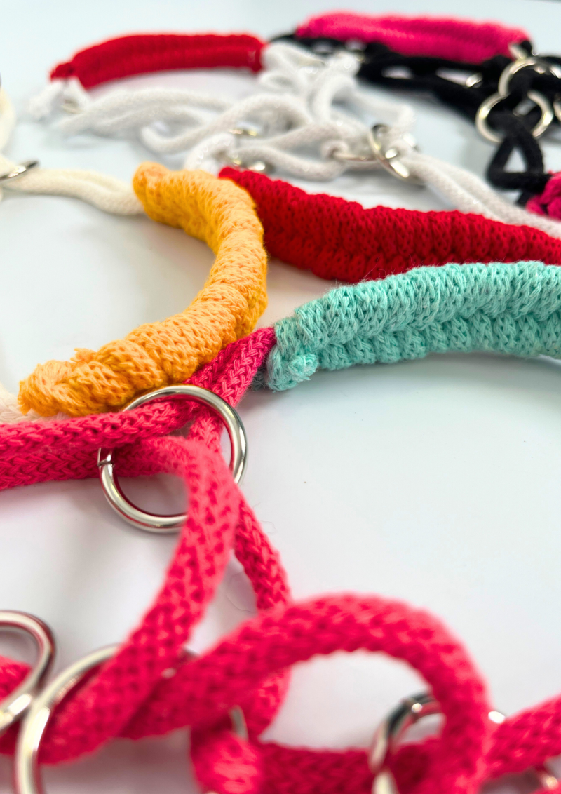 A braided halter for realistic hobby horses.