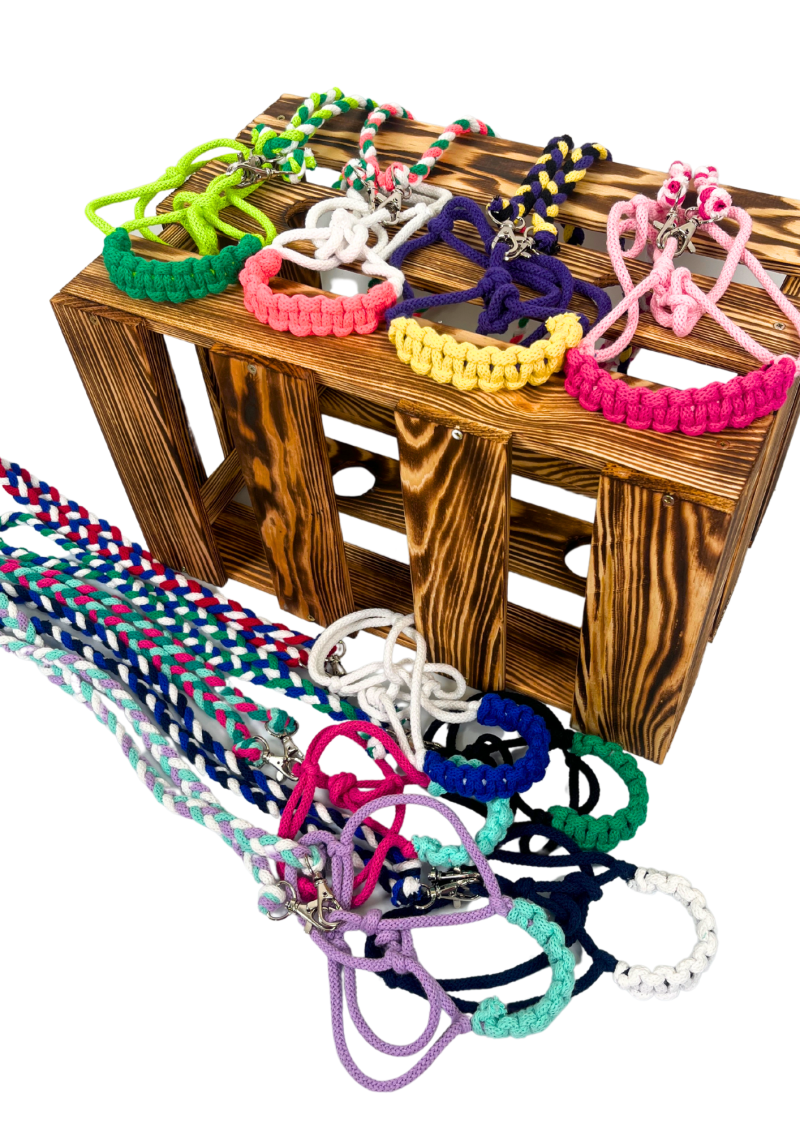 A halter with reins for realistic hobby horses.