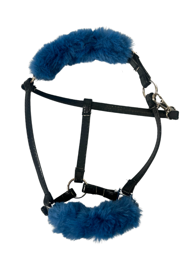 Sewn halter with fur trim for the realistic hobby horse.