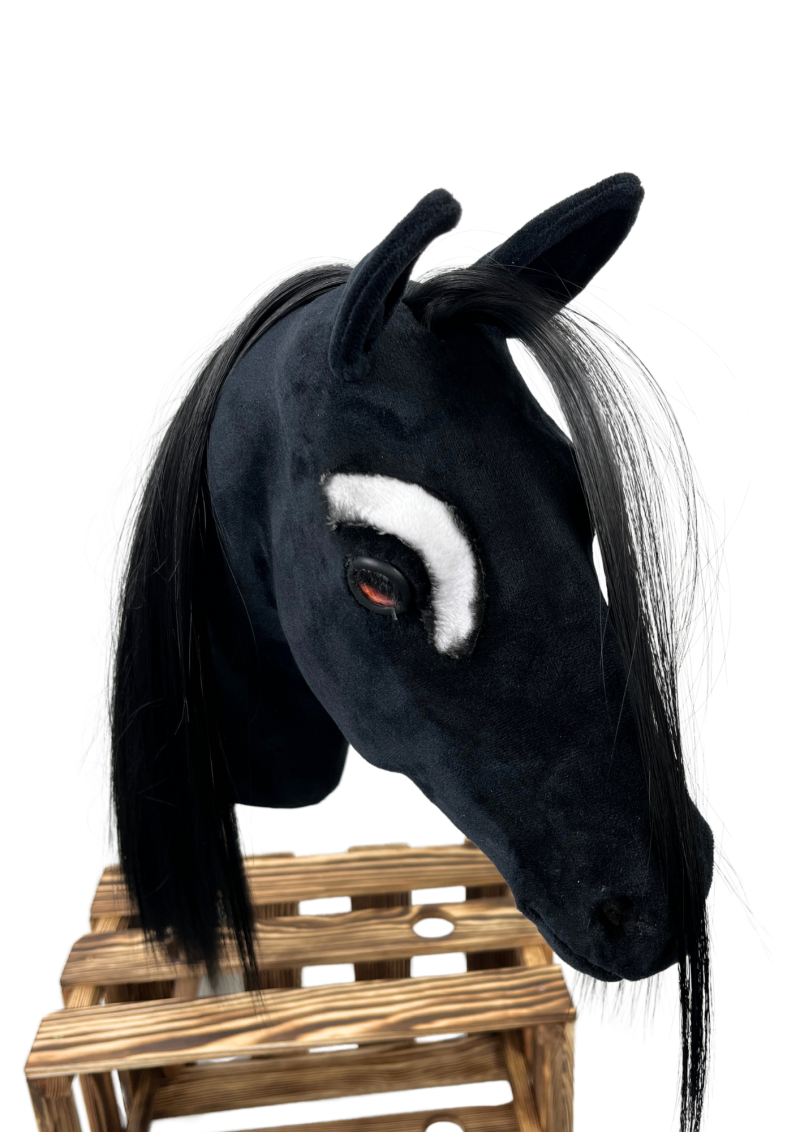 REALISTIC HOBBY HORSE – BLACK/BLACK MANE/PATCH ABOVE EYE