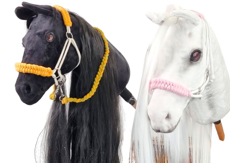 A braided halter for realistic hobby horses.