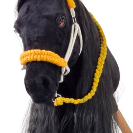 A braided halter for realistic hobby horses.